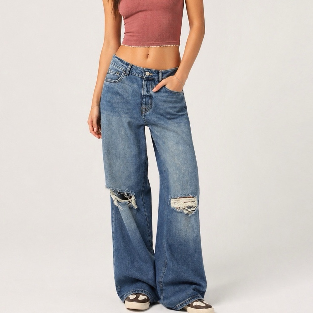 Forever 21 Jeans Wide Leg Distressed Jeans